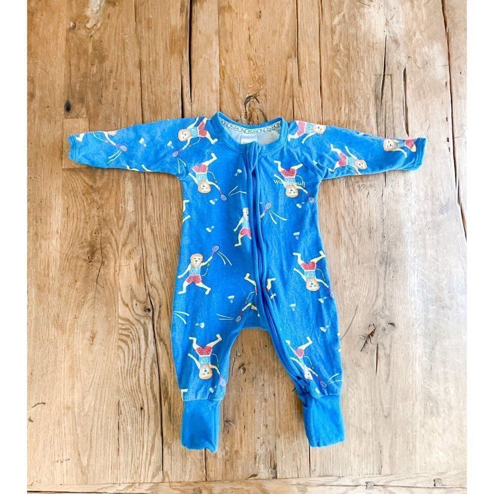 Bonds Long Sleeve Zippered Lion Badmington Blue Print Wondersuit Size 0-3M